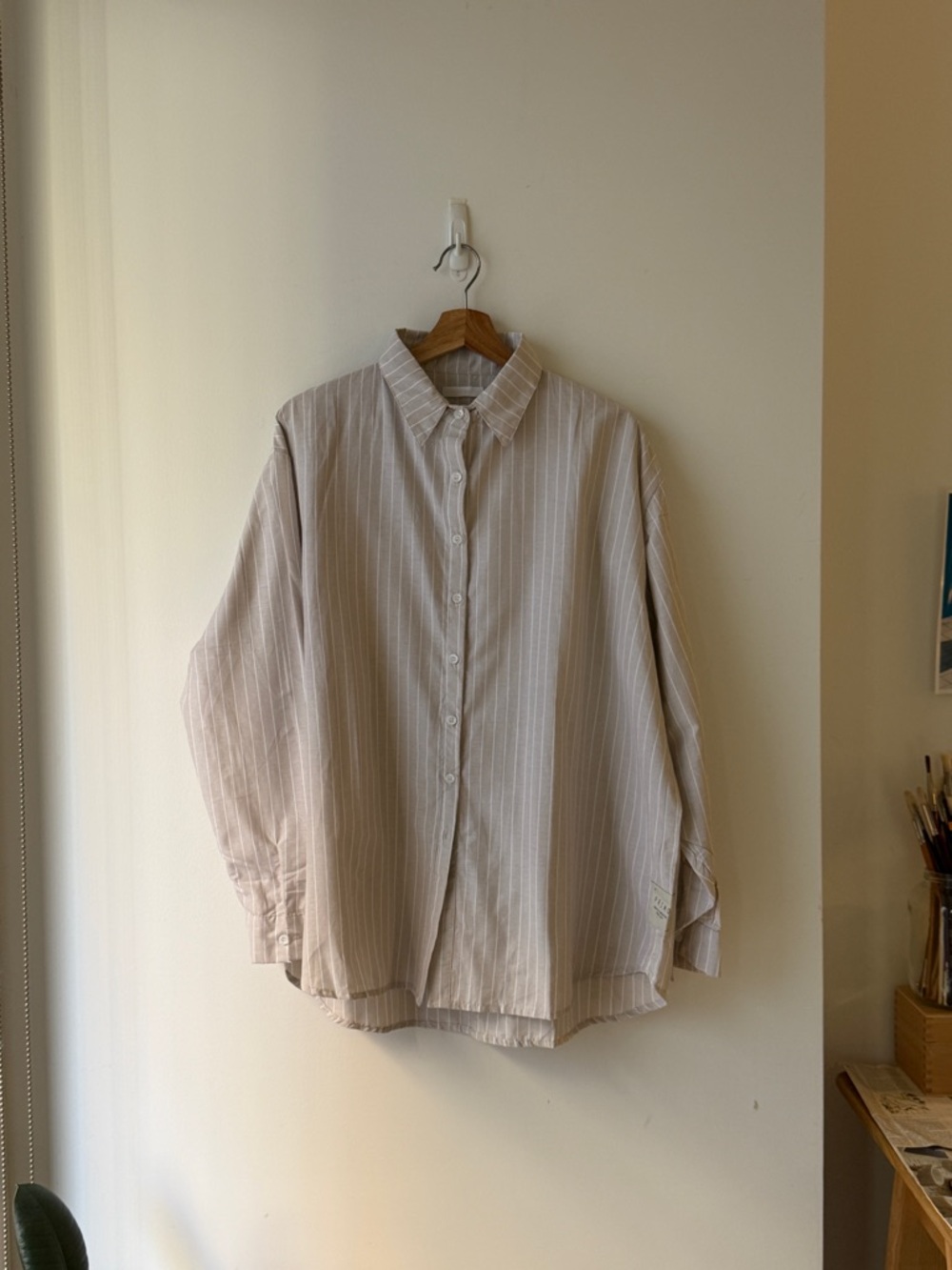 Relaxed Fit Light Beige Pinstripe Button-Down Shirt